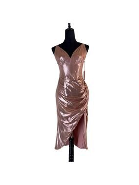 Rosevelvet Metallic Rose Gold Pink Slit Midi Dress Gown L NWT